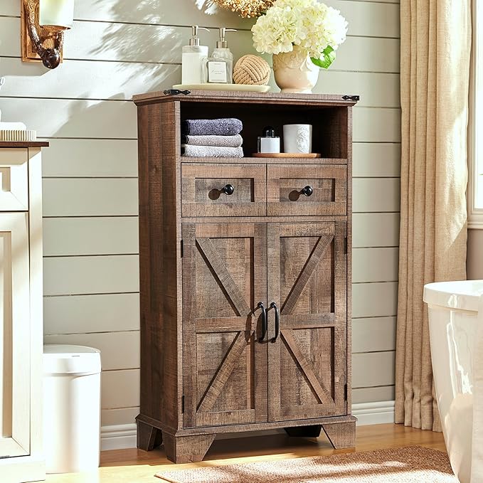 Bathroom Floor Cabinet, Farmhouse 24" Wide Cabinet with Drawer, Adjustable Shelf, Barn Doors, Cabinets for Bathroom, Kitchen, Living Room, Rustic Brown-Ruum Studio Home