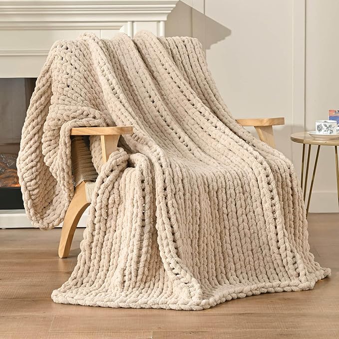 Esterra Chunky Knit Blanket Throw 50"x60", 100% Hand Knitted Chenille Throw Blanket, Cozy Soft Thick Cable Knit Throw Large Rope Knot Crochet Throw Blanket for Sofa Couch Bed, Sandshell/Oatmeal-Ruum Studio Home