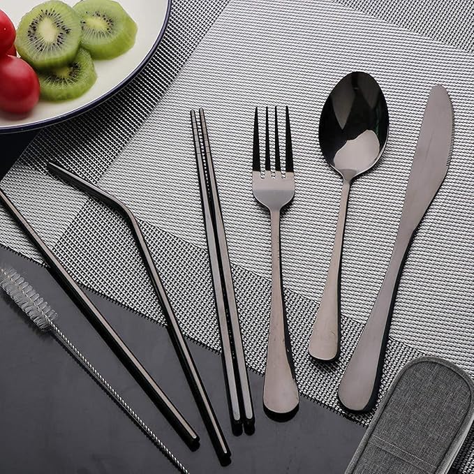 Travel Utensils Set with Case Reusable Portable Cutlery Set Stainless Steel 8pcs Including Dinner Knife Fork Spoon Chopsticks straws(Black)-Ruum Studio Home
