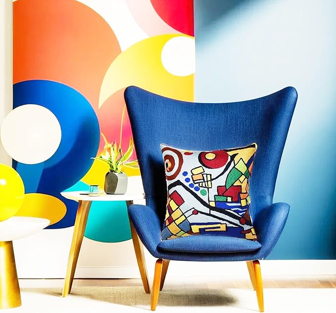 Kandinsky Decorative Pillow Cover Coastal Hand Embroidered Abstract Toss Pillows Farmhouse Chair Cushion Contemporary Pillowsham Mid-Century Chair Cushions Wool Size 18x18-Ruum Studio Home