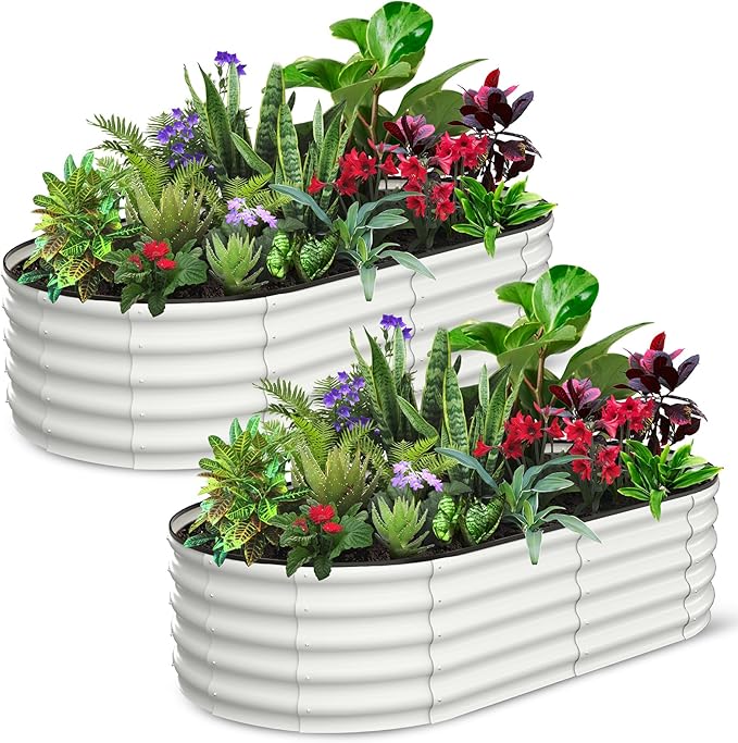 2 Pcs 6x3x1.5ft Oval Raised Garden Bed, Galvanized Raised Beds,Open-Ended Base Metal Raised Planter Beds,Garden Bed Outdoor,Planter Raised Boxes for Vegetables, Flowers,Tool-Free Asse,White-Ruum Studio Home