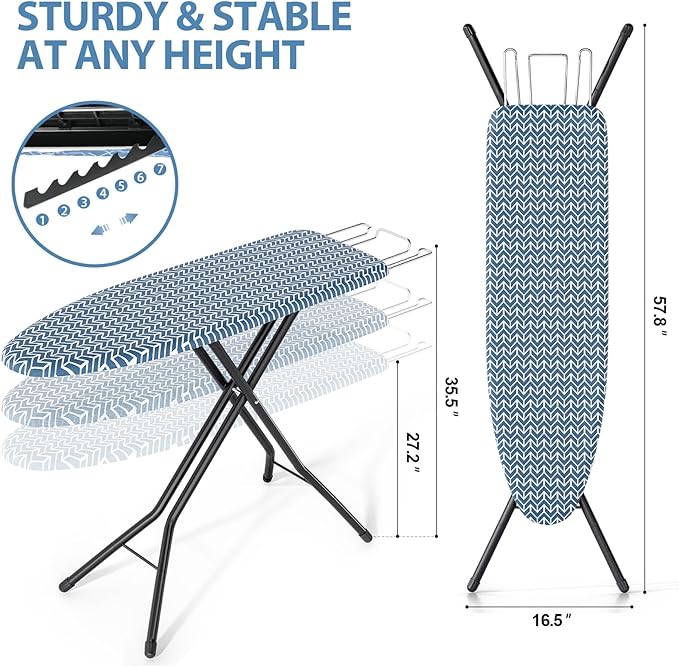 KINGBOARD Ironing Board, Foldable Iron Board with Iron Rest, Compact Ironing Board with Height Adjustable, Extra Thick Heat-Resistant Cover, Heavy-Duty Sturdy Metal Legs, 43x13 Blue-Ruum Studio Home