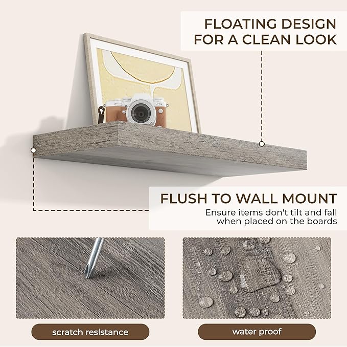 RICHFOCUS 24Inch Floating Shelves for Wall 2 Pack Shelves for Bedroom|Kitchen|Bathroom Wall Mounted Rustic Wood Floating Shelf with Invisible Brackets for Books|Storage|Decor, Grey-Ruum Studio Home