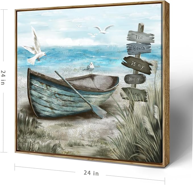 Framed Wall Art Bedroom Nautical Decor Boat Canvas Picture Rustic Coastal Sand Canvas Print Ocean Beach Painting Seascape Sea Bird Vintage Ship Artwork for Seaside Home Living Room Office Bathroom-Ruum Studio Home