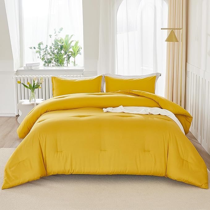 Litanika Mustard Yellow Comforter Set Queen Size, 3 Pieces Lightweight Solid Bedding Comforter Set, All Season Fluffy Bed Set (90x90In Comforter & 2 Pillowcases)-Ruum Studio Home