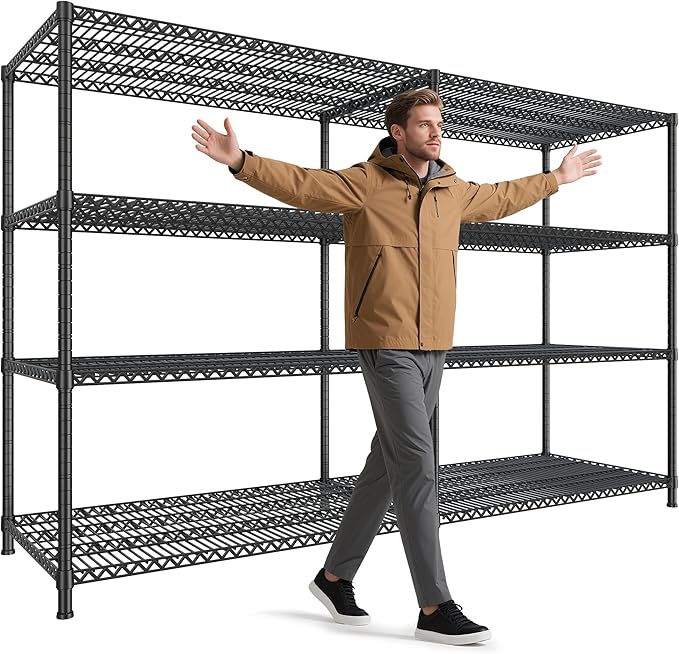 REIBII 81.5''W Storage Shelves 3680LBS Garage Shelving Heavy Duty 4 Tier Metal Shelving Unit Adjustable Wire Shelf and Storage Pantry Shelves for Kitchen Garage，81.5Wx23.62Dx70.86H，Black-Ruum Studio Home