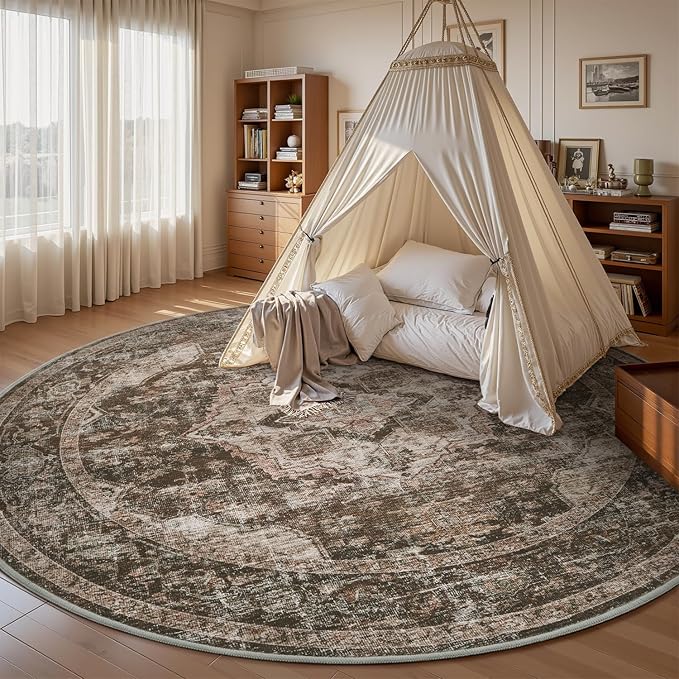 AMOAMI 6FT Round Rug - Vintage Soft Coffee & Brown Rugs for Living Room, Bedroom, Dining Room, Office - Non Slip, Machine Washable-Ruum Studio Home
