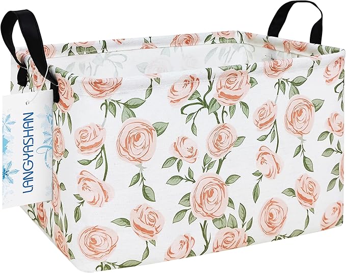 LANGYASHAN Rectangular Storage Bin Collapse Canvas Fabric Cartoon Storage Basket with Handles for Organizing Home Kitchen Boys and Girls Toys Office Closet Shelf Baskets (Rec Champagne Rose)-Ruum Studio Home