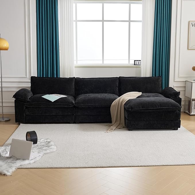 Karl home Sectional Sofa Modular Deep Seat Sofa Couch with Ottoman, Chenille Sofa Sleeper Comfy Upholstered Furniture for Living Room, Apartment, Studio, Office, (3-Seat & 1-Ottoman, Black)-Ruum Studio Home