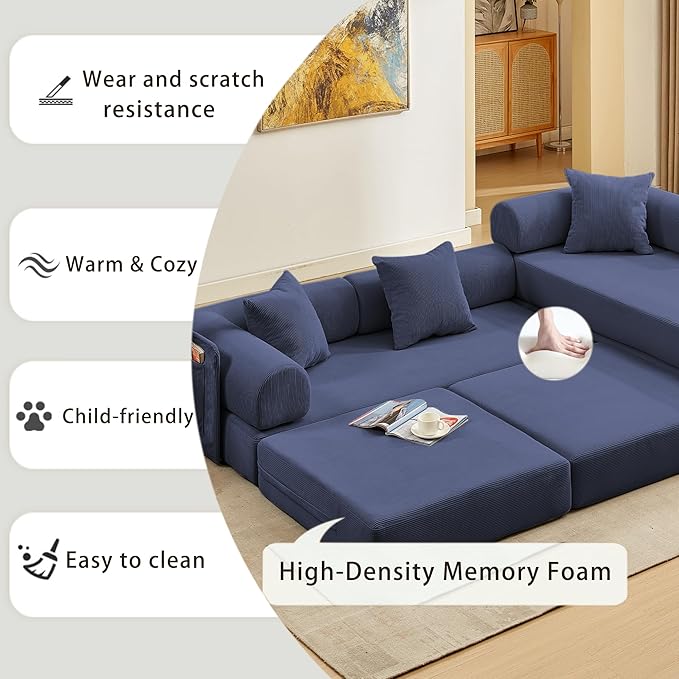 107" Oversized Convertible Sleeper Sofa Bed, Corduroy L Shape Sectional Couch, Folding Sofa Bed with Side Pocket, Modern Cloud Floor Mattress Couch,Modular Sofa for Living Room,Dark Blue-Ruum Studio Home