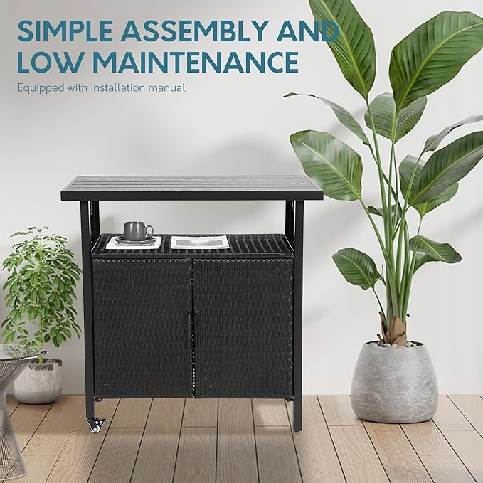 Outdoor Indoor Storage Cabinet with Rolling Wheels, Patio Serving Cart with Bar Table and Wicker Cabinet, Kitchen Island Prep Table, Black-Ruum Studio Home