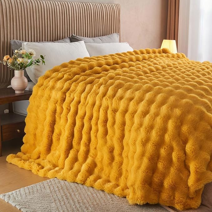 Lotus Karen Faux Fur Throw Blanket Ginger Yellow - Big Bubble Rabbit Fluff Blanket for Couch Bed Sofa,Softest Fluffy Fuzzy Cozy Blanket,Thick Furry Plush Shaggy Warm Blankets for Women,90x90 Inches-Ruum Studio Home