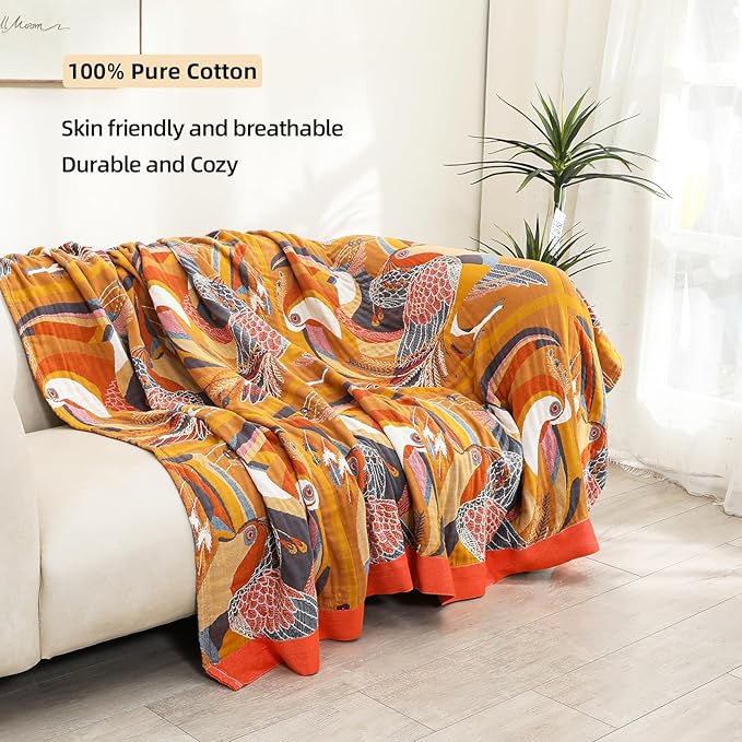 Boho Large Throw Blanket, 100% Organic Cotton Breathable Soft Bed Throw - Floral Bird Farmhouse Decor Blanket for Sofa Couch Chair Quilt and Gift. 60" x 80"- Colorful-Ruum Studio Home
