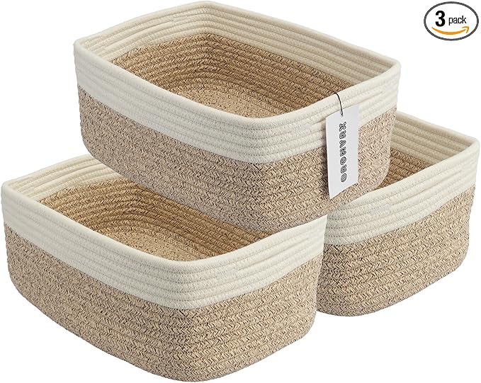 Small Woven Storage Baskets 13“X9”X5“ Decorative Rope Bins for Organizing Shelves, Closets, and Toys, Empty Gift Baskets, Cute Organizer Basket for Home and Office (white and brown, Large)-Ruum Studio Home