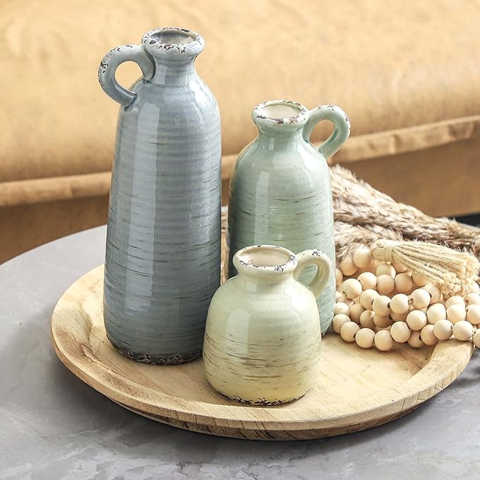 Ceramic Vase Set of 3 | Neutral Vase Home Decor with Handle | Pottery Modern Farmhouse Vases Pampas Grass Flower Vases for Home Decor Table Living Room Centerpieces Mantel Decor - Multicolor-Ruum Studio Home