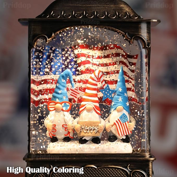 Gnome Snow Globe Lantern 4th of July Decorations with Timer, USB and Battery Powered 4th of July Shirts Patriotic Gnomes and American Flag Independence Day 10.2 inch-Ruum Studio Home