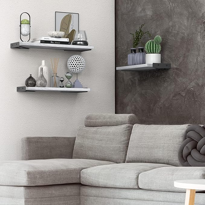 BAYKA Wall Shelves for Bedroom Decor, Floating Wall Shelves for Living Room Kitchen Storage, Wall Mounted Rustic Wood Floating Shelves for Kids Books,Corner Shelves for Bathroom(White，Set of 3)-Ruum Studio Home