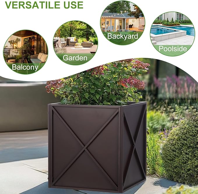 Metal Square Planter Box Tall Planters for Outdoor Plants Modern Heavy Duty with Drainage Holes for Outside Indoor Patio Deck - Brown, 17”x 17”x 18”-Ruum Studio Home