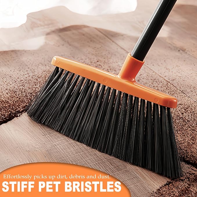 Small Broom Stiff Bristles Brush with Long Handle Indoor or Outdoor Compact Broom for Sweeping Patio Garage Garden,Deck,Concrete Floor,Bathroom (Orange)-Ruum Studio Home