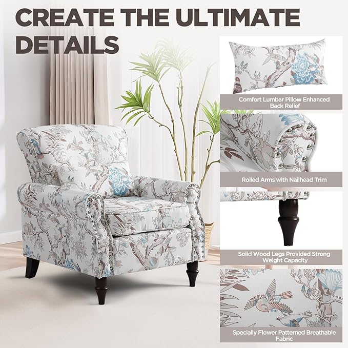Wingback Accent Chair with Removable Pillow, High Back Floral Armchair with Solid Wood Legs & Nailhead Trim, Comfy Upholstered Reading Single Sofa Chair for Bedroom (1, Bird Floral Pattern)-Ruum Studio Home