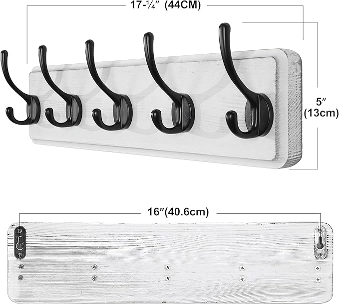 SKOLOO Rustic Wall Mounted Coat Rack, 16 inches Hole to Hole, Case of 2, Pine Solid Wood Coat Hook Hanger - 5 Hooks for Hanging Clothes Robes Towels Coats-Ruum Studio Home