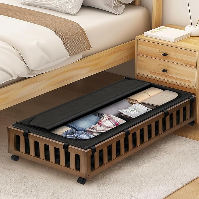 2 Pack Bamboo Under Bed Storage with Wheels, 39”x20”x7.8” Lager Under Bed Storage Containers (Brown)-Ruum Studio Home