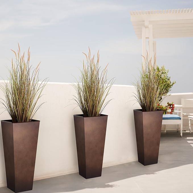 KOL 25'' & 28'' Tall Galvanized Steel Planter with Saucer, Metal Planter Pots for Indoor & Outdoor Use, Decorative Flower Plant Pots with Drainage Hole for Front Porch, Patio, Deck - Rust Color-Ruum Studio Home