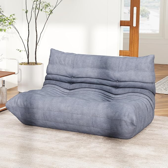 Full Foam Loveseat Sofa,Adults Bean Bag Chairs Floor Couch with Soft Waterproof Fabric,Armless Fireside Lounge Chair for Living Room,Apartment and Office (Grey)-Ruum Studio Home