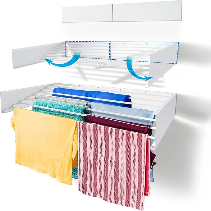 Step Up Laundry Drying Rack (Extra Large: 47 Inches, 12 Lbs), Wall Mounted, Retractable Clothes Drying Rack, 70lbs Capacity, 27 Linear Ft, with Wall Template and Long Drill Bit (47" White)-Ruum Studio Home