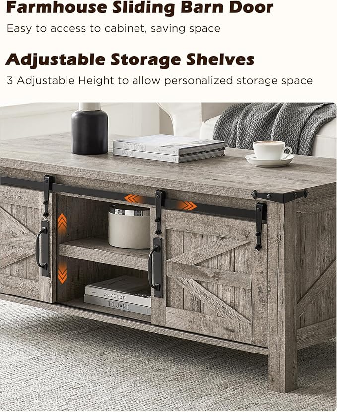 OKD 48" Farmhouse Lift Top Coffee Table with Sliding Barn Door, Rustic Center Table w/Hidden Storage Compartment, Lift Tabletop Dining Table w/Adjustable Shelf for Living Room,Light Rustic Oak-Ruum Studio Home