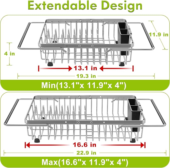 Dish Drying Rack in Sink, Expandable Stainless Steel Dish Drainer for Kitchen Sink, Dish Strainer Rack, Retractable Over Sink Dish Rack with Utensil Holder, 13.1''~16.6''D x 11.8''W, Silver-Ruum Studio Home