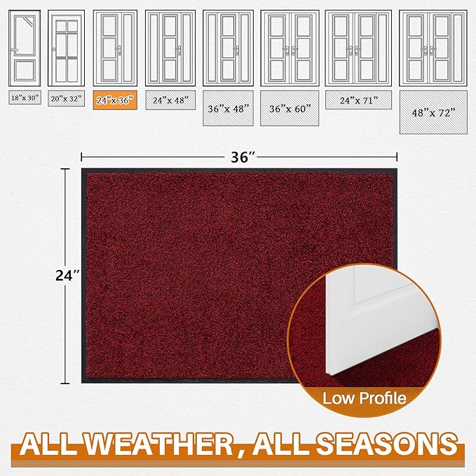 Mibao Front Door Mat, Dirt Trapper Welcome Mat for Outdoor Indoor, Non-Slip Waterproof Doormat, Durable Machine Washable Low Profile Entry Rug for Back Door Outside Patio Porch, 36" x 24", Red-Ruum Studio Home