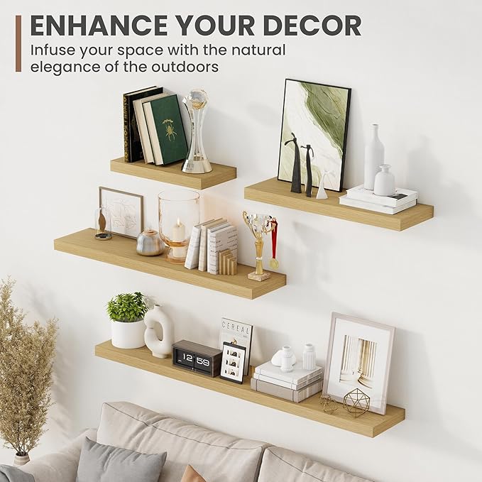16 Inch Floating Shelves, 8 Inch Deep Floating Shelves for Wall, Hanging Shelf with Invisible Brackets, Deep Shelves for Bathroom, Bedroom, Living Room, Oak, Set of 2-Ruum Studio Home