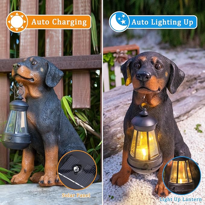 Garden Dog Statues Outdoor Decor, 13" Solar Powered LED Lights Outdoor Statue Garden Decorations Rottweiler Figurine for Patio, Lawn, Yard Art Decoration, Housewarming Garden Gift-Ruum Studio Home