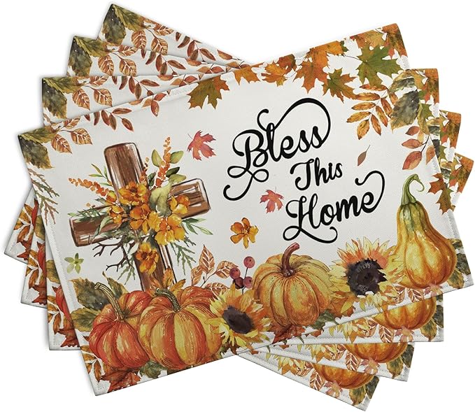 Fall Cross Pumpkin Placemats Set of 4 Autumn Thanksgiving Harvest Sunflower Maple Leaf Orange Linen Table Mats Seasonal Farmhouse Decorative Place Mat for Party Kitchen Dining Decor-Ruum Studio Home