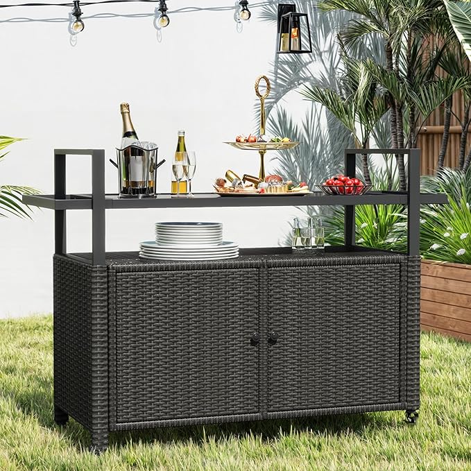 DWVO Patio Bar Table,Outdoor Kitchen Island with Glass Top,Rattan Patio Storage Cabinet with Wheels,Bar Cart for Poolside and Backyard,Black-Ruum Studio Home