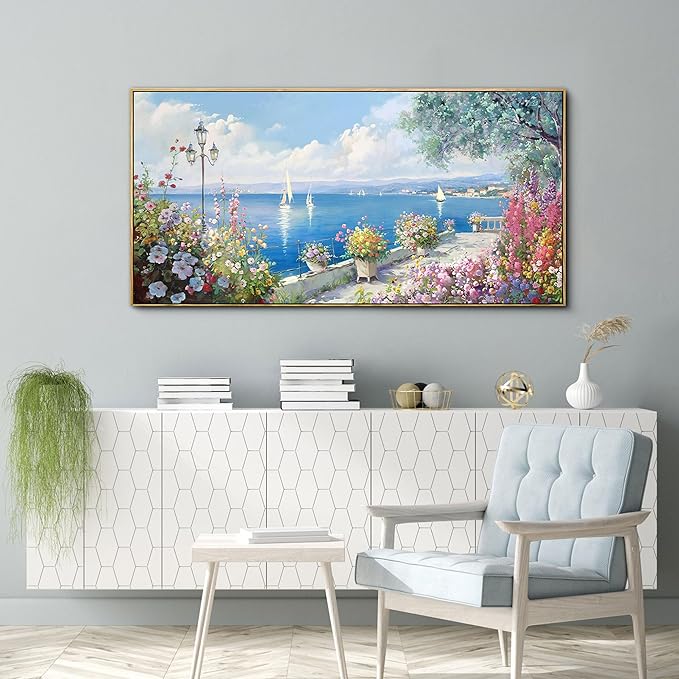XLSJERST Large Coastal Wall Art - Ocean Seascape Canvas Yellow Green Flowers Painting Landscape Sailboat Picture Artwork Modern Large Framed for Living Room Bedroom Home Office Decor 24x48-Ruum Studio Home