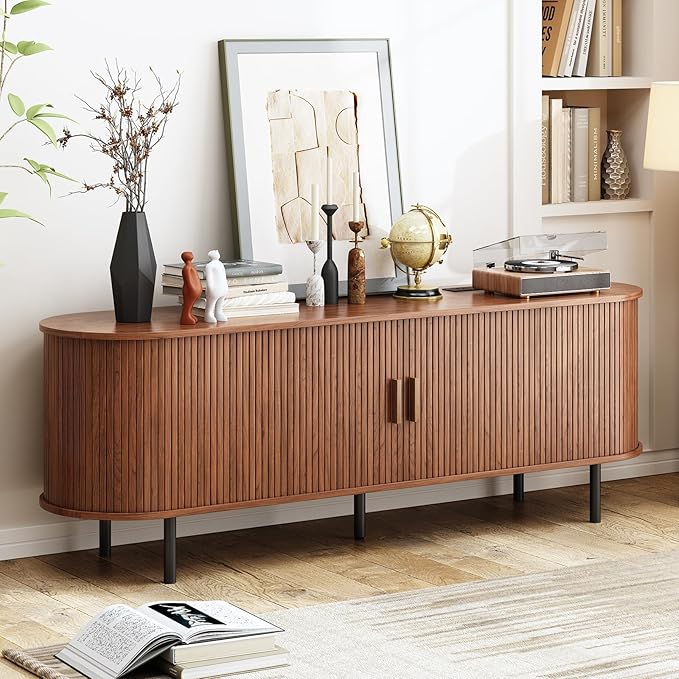 63" TV Stand with Power Outlet, Modern Media Console with Sliding Doors, Entertainment Center for TVs up to 60 Inch, Adjustable Shelves, Walnut-Ruum Studio Home
