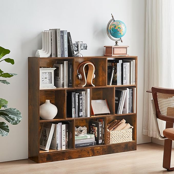 LEYAOYAO 10 Cube Bookshelf with Base,3 Tier Mid-Century Modern Grey Bookcase,Standing Wide Bookshelves Storage Organizer Shelf,Rustic Wood Display Cabinet Book Shelves for Bedroom,Living Room,Office-Ruum Studio Home