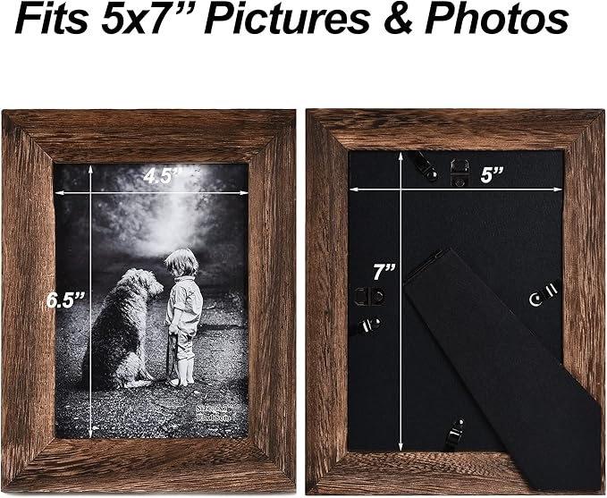 Yaetm 5x7 Picture Frame Distressed Wood, Rustic Solid Wood Photo Frame 5 x 7, Display for Tabletop and Wall, High Definition Glass, Carbonized Black (2 pack)-Ruum Studio Home