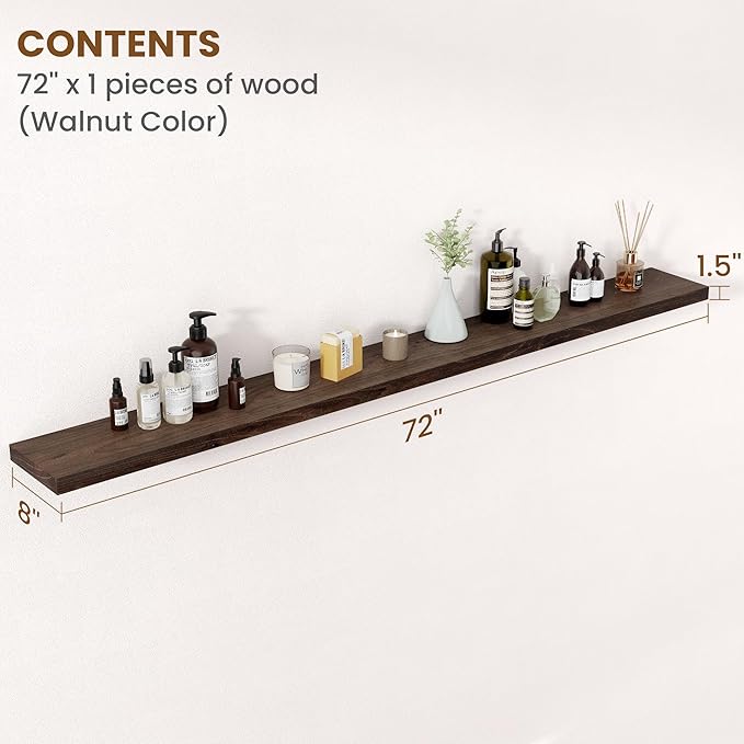 Floating Shelves for Wall Decor, 8 Inch Deep Rustic Solid Elm Wood Floating Shelves Wall Mounted, Wall Shelves with Invisible Bracket for Living Room Bathroom Bedroom Kitchen, 72 Inch Set of 1, Walnut-Ruum Studio Home
