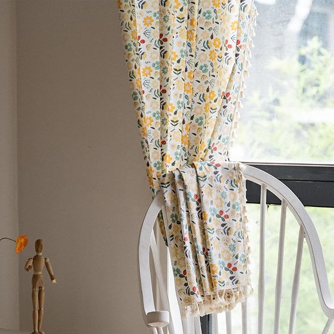 Sutuo Home Boho Curtain Semi-Blackout Colorful Florals Print Cotton Linen Fabric, Handmade Tassels Rod Pocket Bohemian Farmhouse Country Window Drapes for Living Bedroom, 59" W x 84" L, 1 Panel-Ruum Studio Home