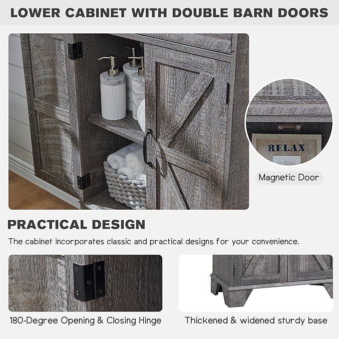 Bathroom Storage Cabinet, 72" Tall Farmhouse Storage Cabinet with 2 Drawers, Adjustable Shelves & Barn Door, Cabinet for Bathroom, Living Room, Kitchen, Grey Wash-Ruum Studio Home