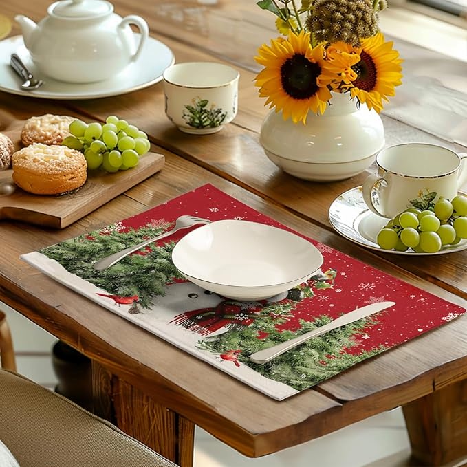 Snowman Christmas Red Placemats Set of 4 Xmas Tree Cardinal Snowflakes Linen Table Mats Seasonal Winter Holiday Place Mats Washable Placemat for Party Kitchen Dining Outdoor Indoor Decor-Ruum Studio Home
