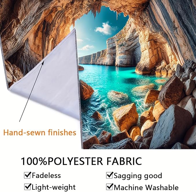 BSFHH Nature Tapestry Forest Tree Sea Cave Wall Hanging, Stream Through Rainforest Landscape Wall Art Tapestry for Bedroom Living room (Cave Sea View, 90"×70", Unframed)-Ruum Studio Home