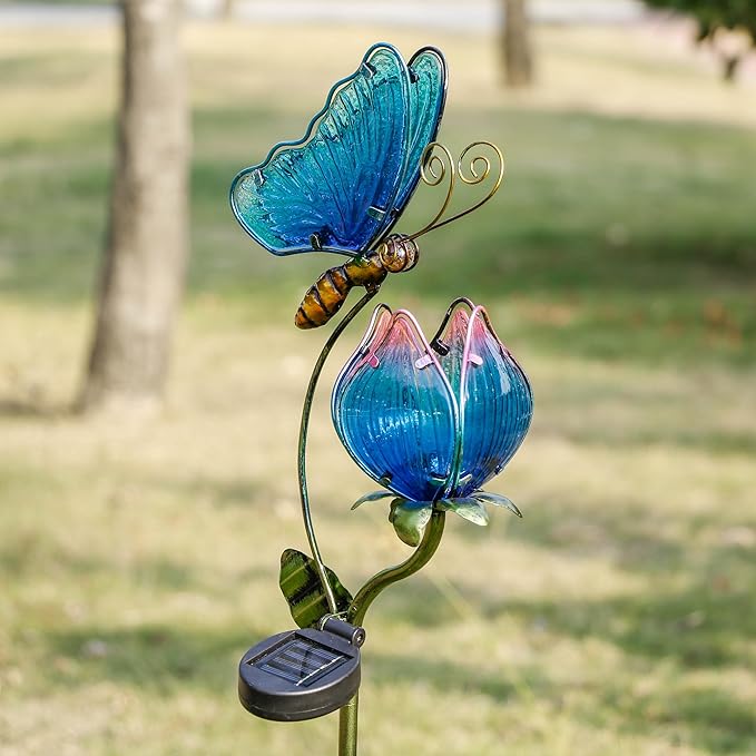 TERESA'S Collections Flower Yard Decorations Outdoor, 42'' Blue Glass Butterfly Solar Outdoor Lights Garden Decor for Outside, Metal Yard Art Garden Stake Decorative for Patio Decor,Gifts for Mom-Ruum Studio Home