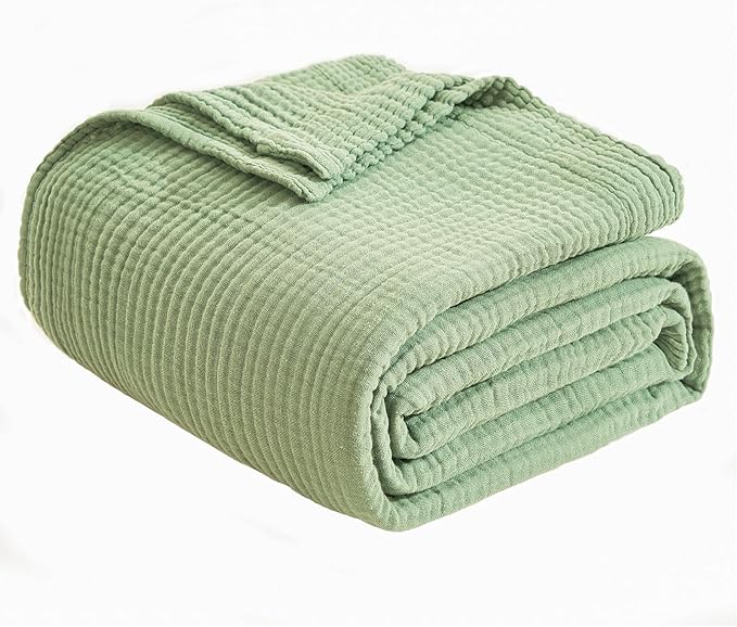 EMME Cotton Blanket Twin XL for Bed Soft Muslin Blankets 66"x90" Lightweight Breathable Layering Bedspread Coverlet All Season Gauze, Sage Green-Ruum Studio Home