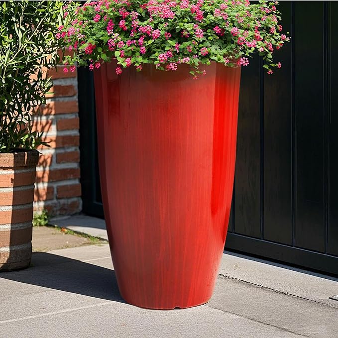 Worth Garden 23.5" H. Large Plastic Planters - Set of 2 Gradient Red Glossy Smooth Finish - Tall Plant Pots for Indoor & Outdoor Use - Decorative Lightweight Flower Pots for Front Porch, Patio, Deck-Ruum Studio Home