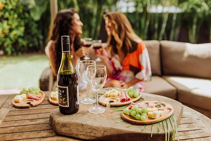 PICNIC TIME TOSCANA -Wine Appetizer Plates, Cocktail Plate with Glass Holder, Cheese Board with Wine Holder, (Acacia Wood), 9 x 6, Set of 4-Ruum Studio Home