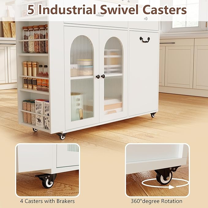 Kitchen Island with Drop Leaf & Power Outlet, Rolling Kitchen Island on Wheels with Trash Can Storage, Island Table Bar Cart with Spice Rack, Towel Rack, Drawers, Mobile Kitchen Carts on Wheels-Ruum Studio Home